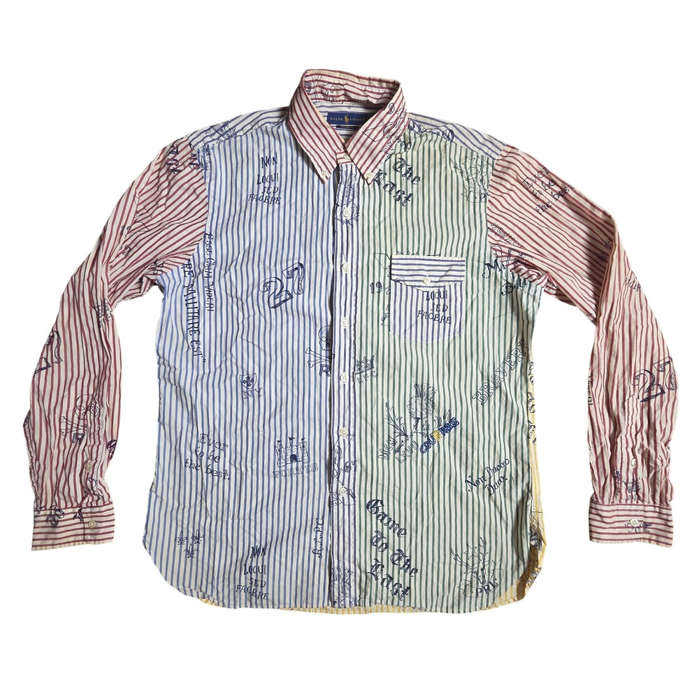 Ralph Lauren Custom Fit Patchwork Stripe Crest Graphic Button Up Shirt L Prep